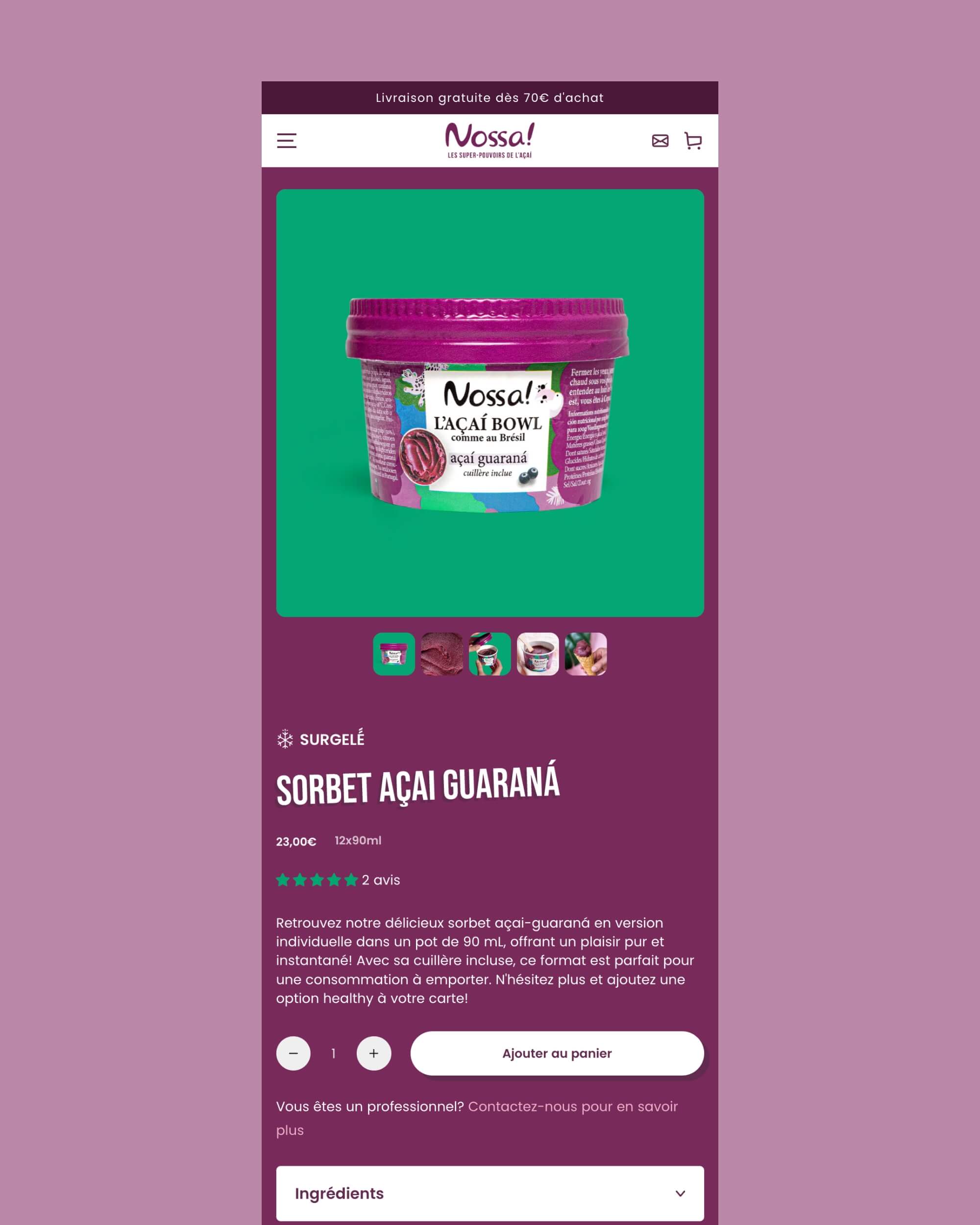 Page d'accueil sur mobile refonte Shopify Nossa