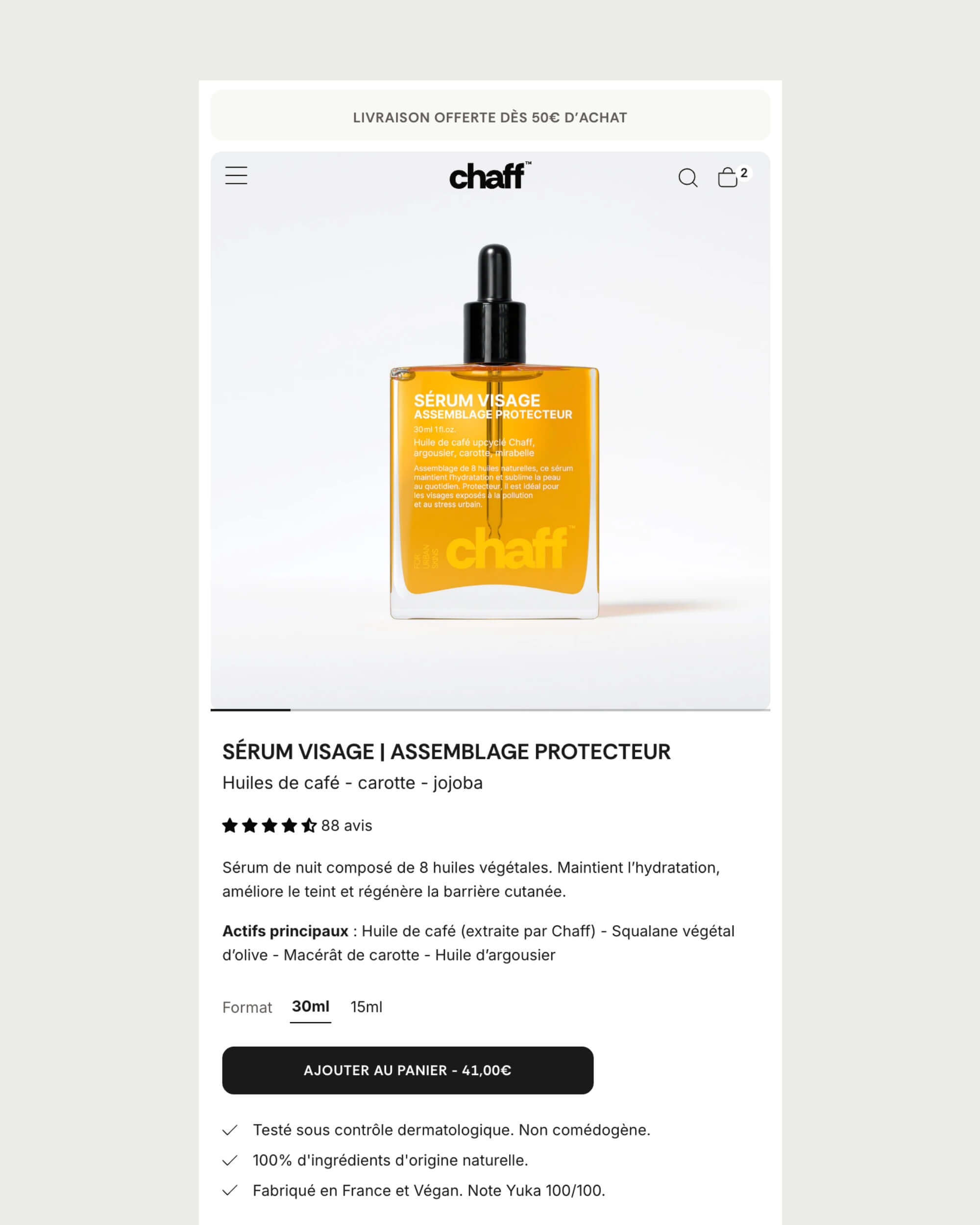 Fiche produit sérum visage sur mobile responsive création site Shopify Chaff