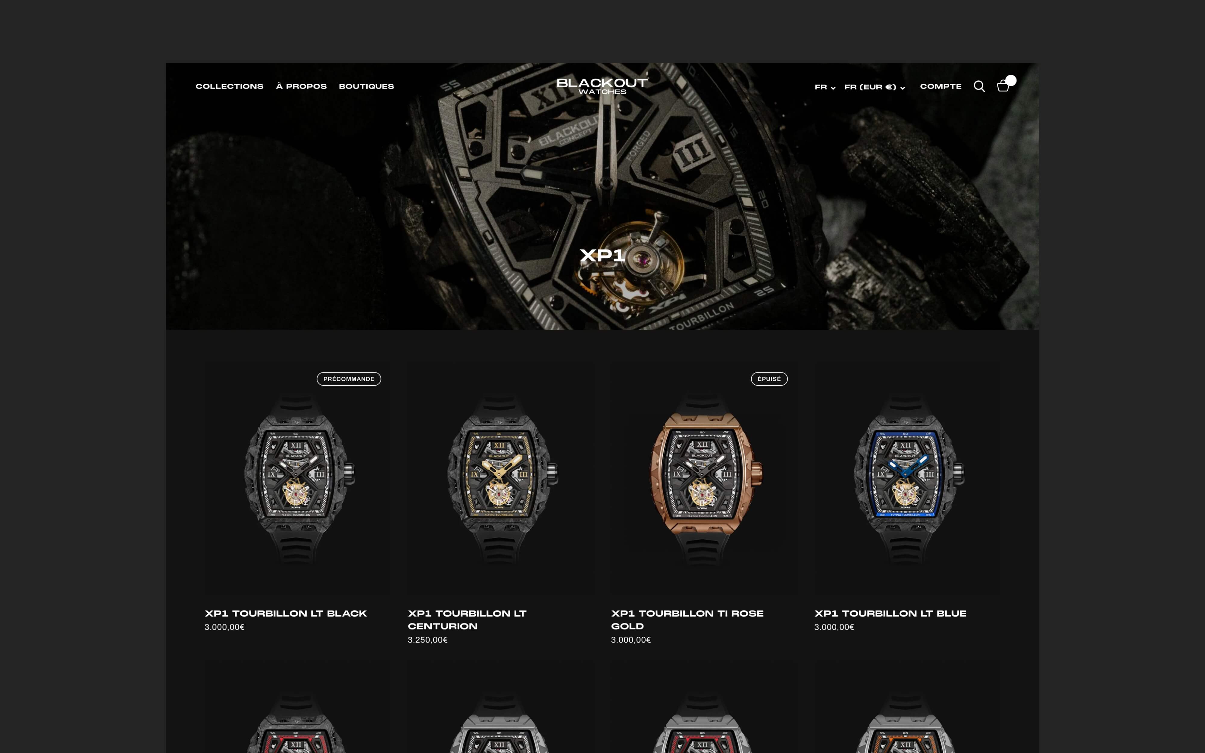 Page catégorie migration et refonte Shopify Blackout Watches