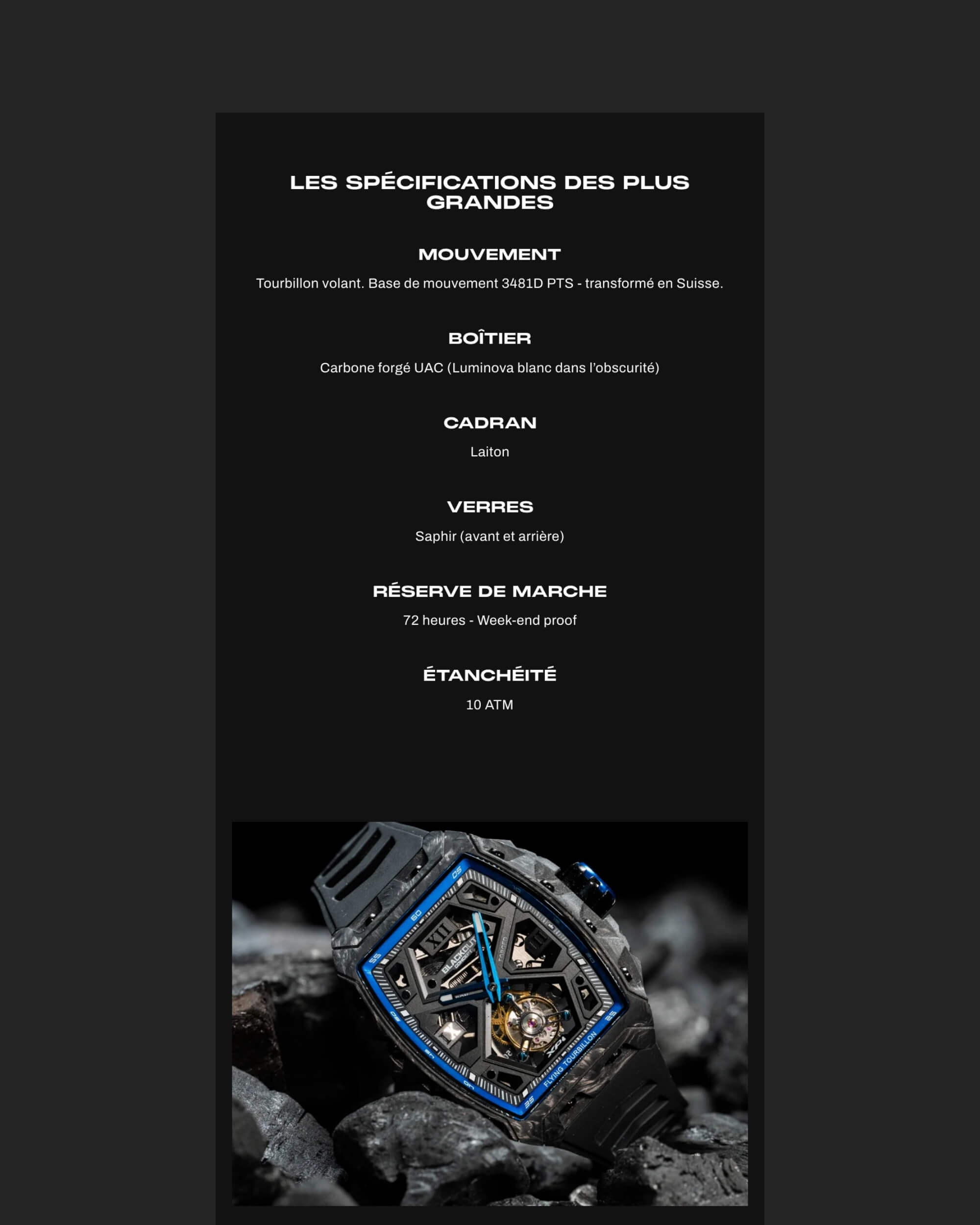 Page produit spécifications sur mobile migration et refonte Shopify Blackout Watches