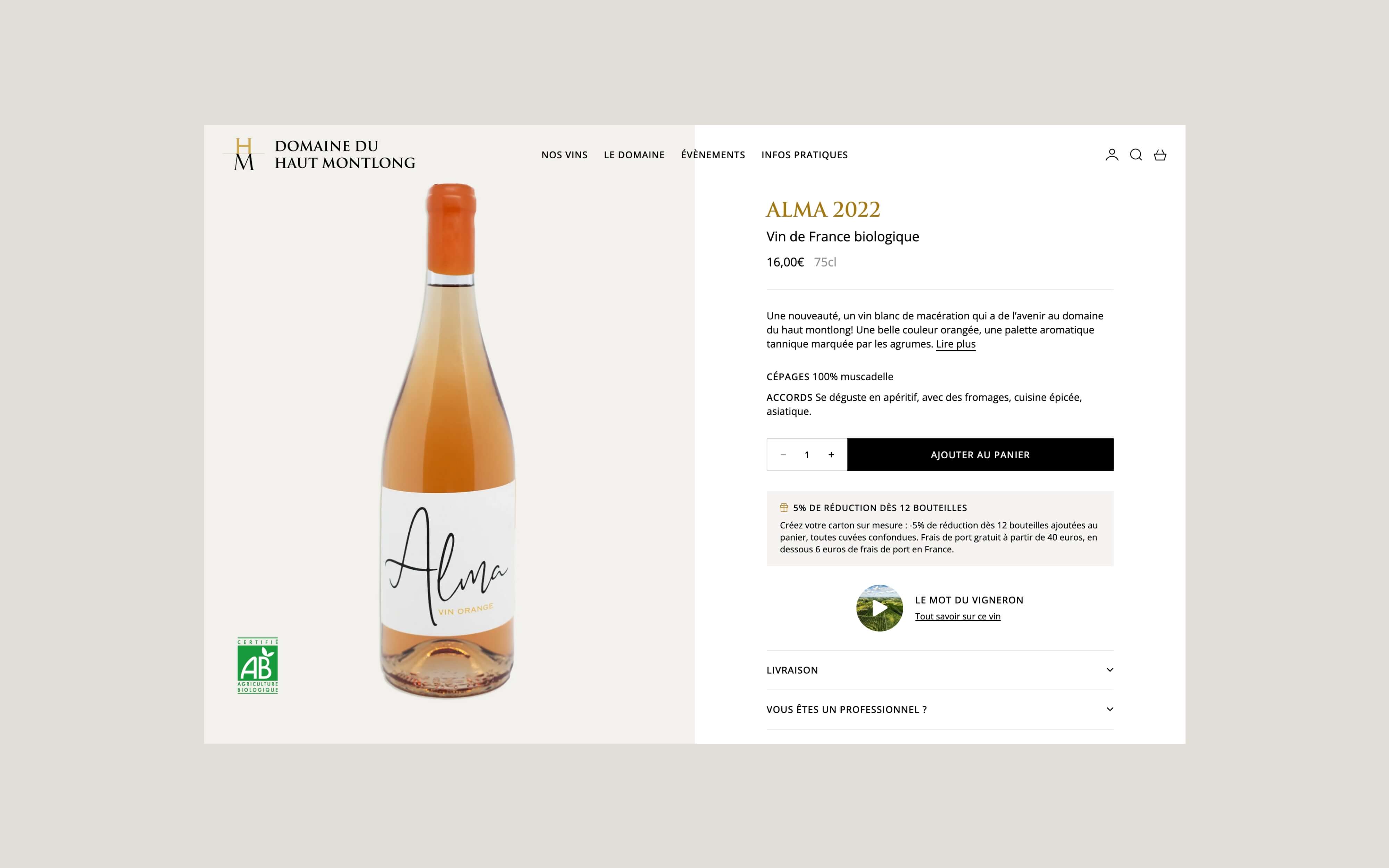 Page produit Shopify vin pour la refonte Shopify Domaine du Haut Montlong
