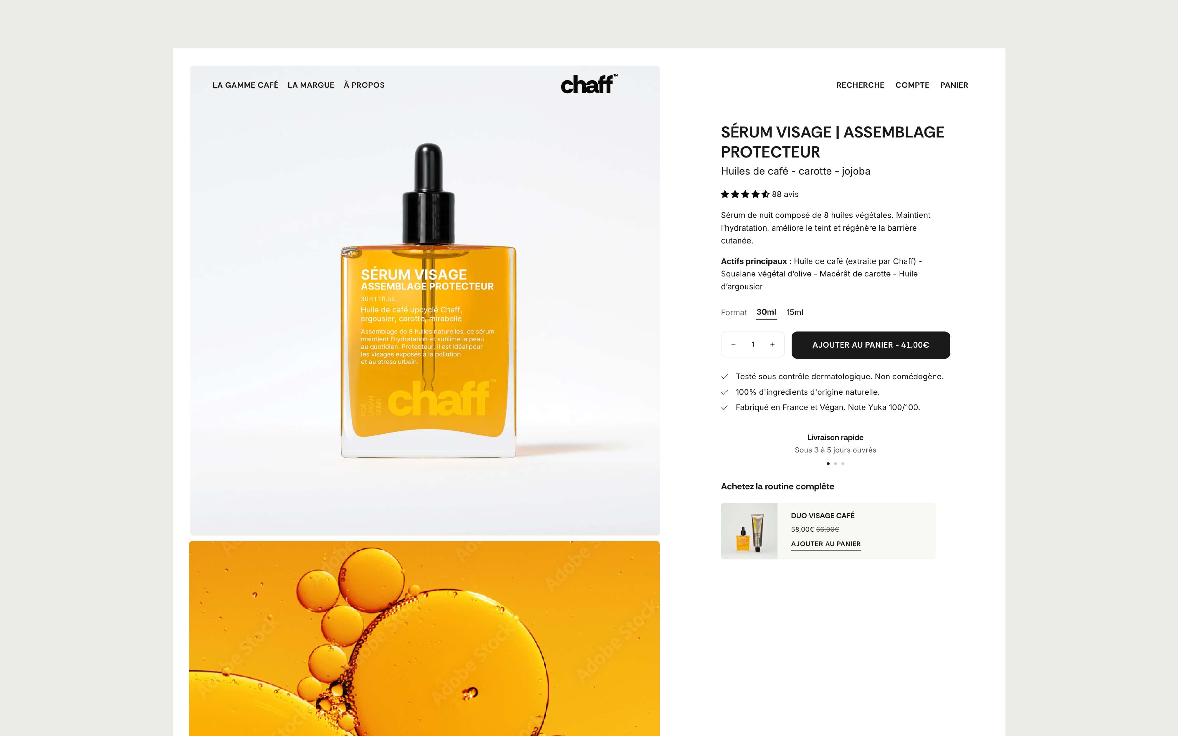 Fiche produit sérum visage création site Shopify Chaff