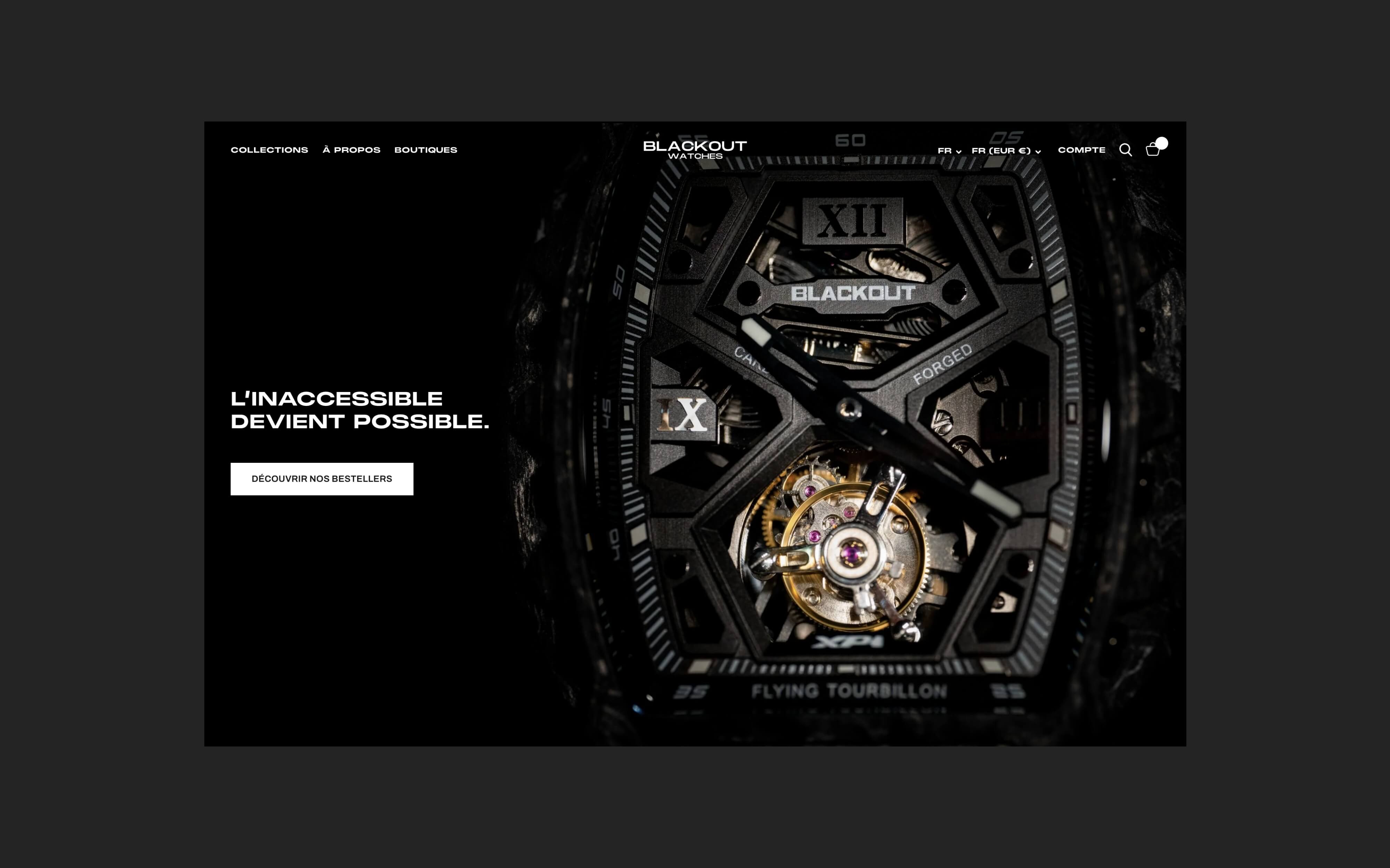 Page d'accueil migration et refonte Shopify Blackout Watches