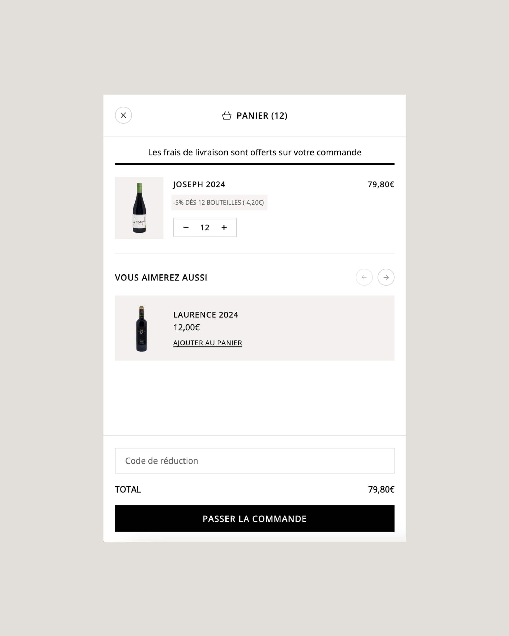 Panier Shopify avec cross-selling et barre de livraison offerte refonte Domaine du Haut Montlong