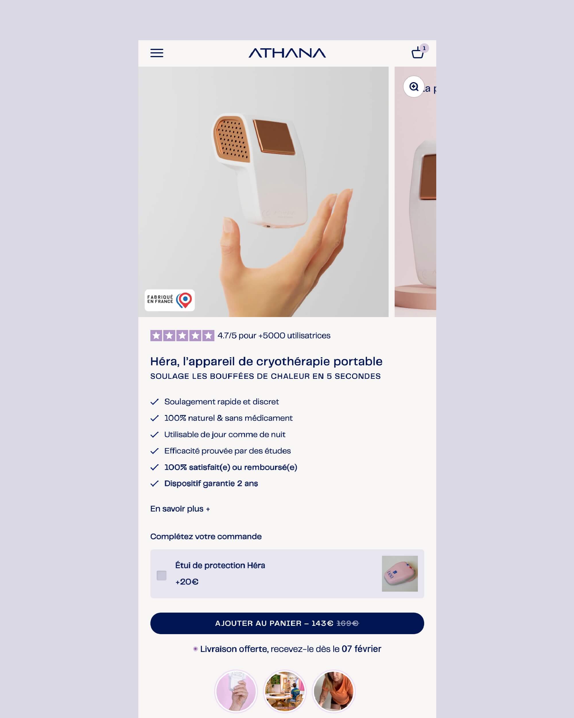 Page produit sur mobile refonte Shopify Athana