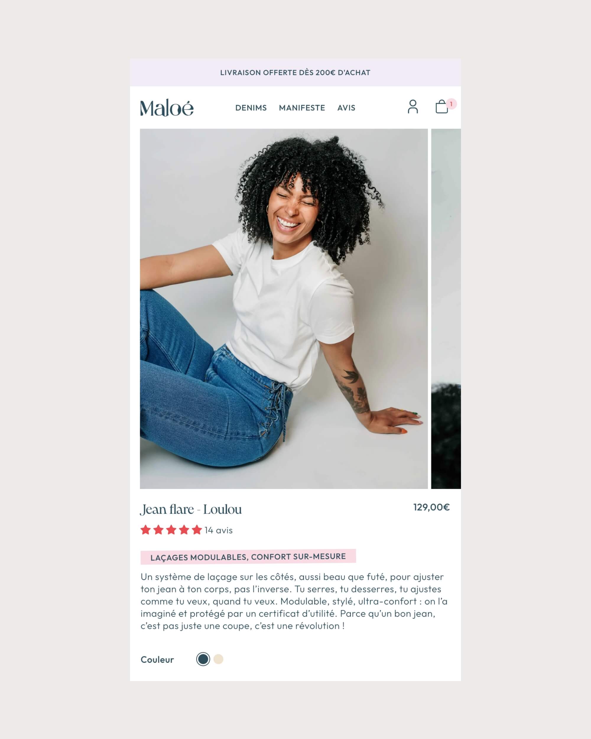 Page produit sur mobile création site Shopify Maloé